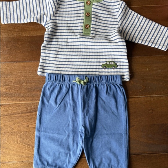 Little Me Waffle Stripe Car Outfit Blue Green Shirt And Pants Set 3 Months - Picture 1 of 6